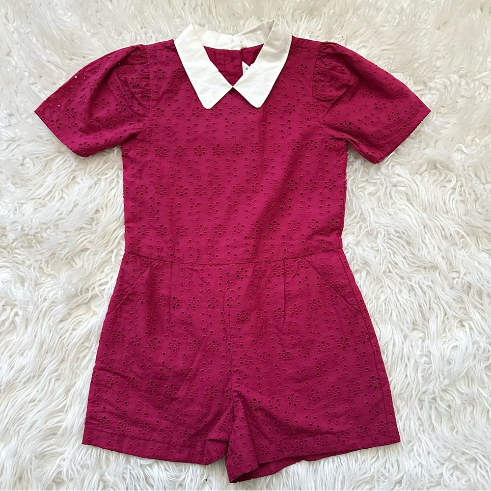 New Janie & Jack Eyelet Collared Romper Dainty Berry